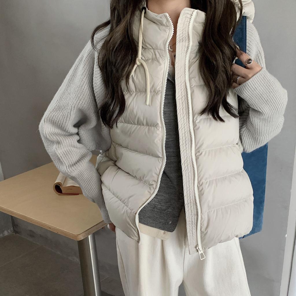 New light and thin cotton-padded jacket knitted sleeves spliced down cotton-padded clothing women's clothing short fake two-piece hooded cotton-pad