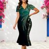 Women Plus Size V Neck Short Sleeve Black Gold Printed Fitted Fishtail Dress
