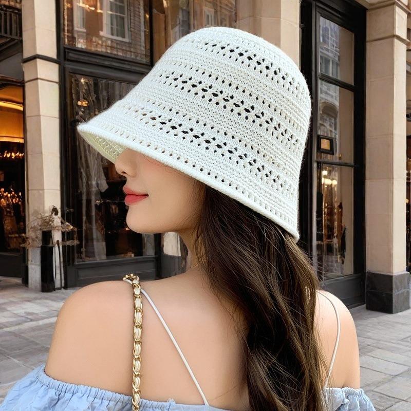 Summer Hollow Bucket Hat Women's Knitted Bucket Sunscreen Hat Woven Basin Hat Fashion Visor Versatile Sun Hat