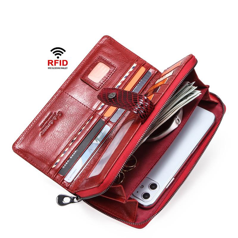 Johnature Portafoglio da donna in pelle genuie alla moda Rfid antifurto morbida pelle bovina portafoglio a mano lunga porta carte porta carte
