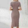 Women's Slim Fit Ribbed Knit Dress Polo Collar Short Sleeve Bodycon Waistband Pencil Skirt Mid Length Dress