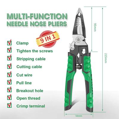 9 In 1 Electrician Pliers Multifunctional Needle Nose Pliers for Wire Stripping Cable Cutters Terminal Crimping Hand Tools