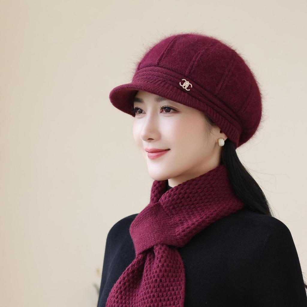 Knitted Woolen Hat New Rabbit Fur Hat for Women Mother  Middle Aged and Elderly Plus Velvet Warm Hat Grandma's Cold Proof Scarf