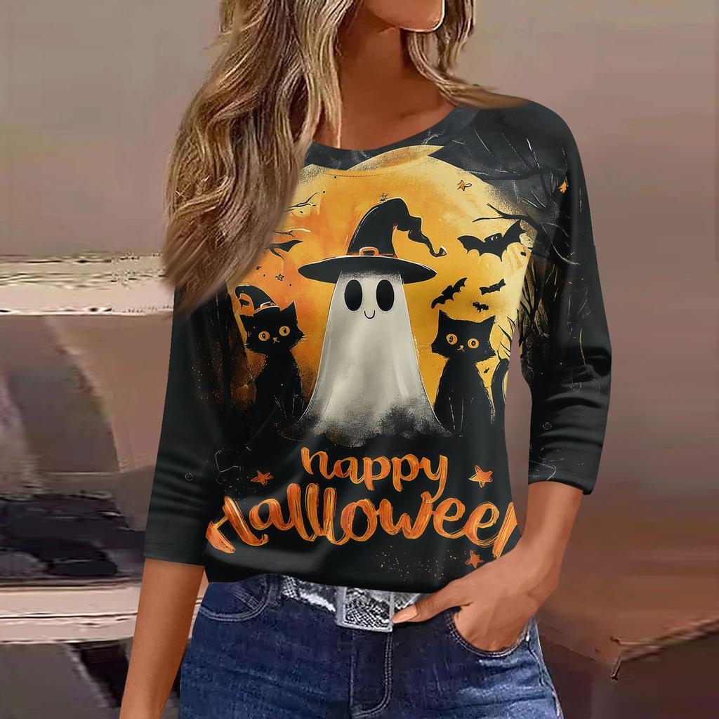 Women's 3/4 Sleeve Loose Fit Casual Shirt Round Neck Halloween Print Top Comfortable Lightweight Fabric Suitable for Everyday Wear