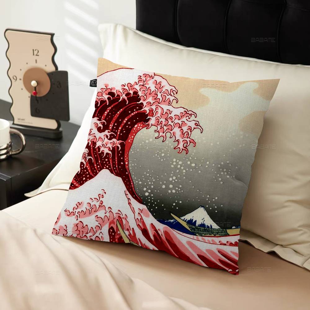 The Great Wave Off Kanagawa Art Pillow Covers Cartoon Sofa Decorative Home Double-sided Printing Short Plush Cute Cushion Cover