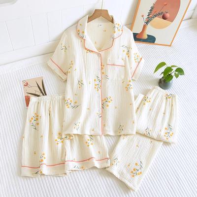 Dam Bomull Kortärms Pyjamas Set - Tredelat Vår/Höst Långbyxor, Sommar Tunn Stil