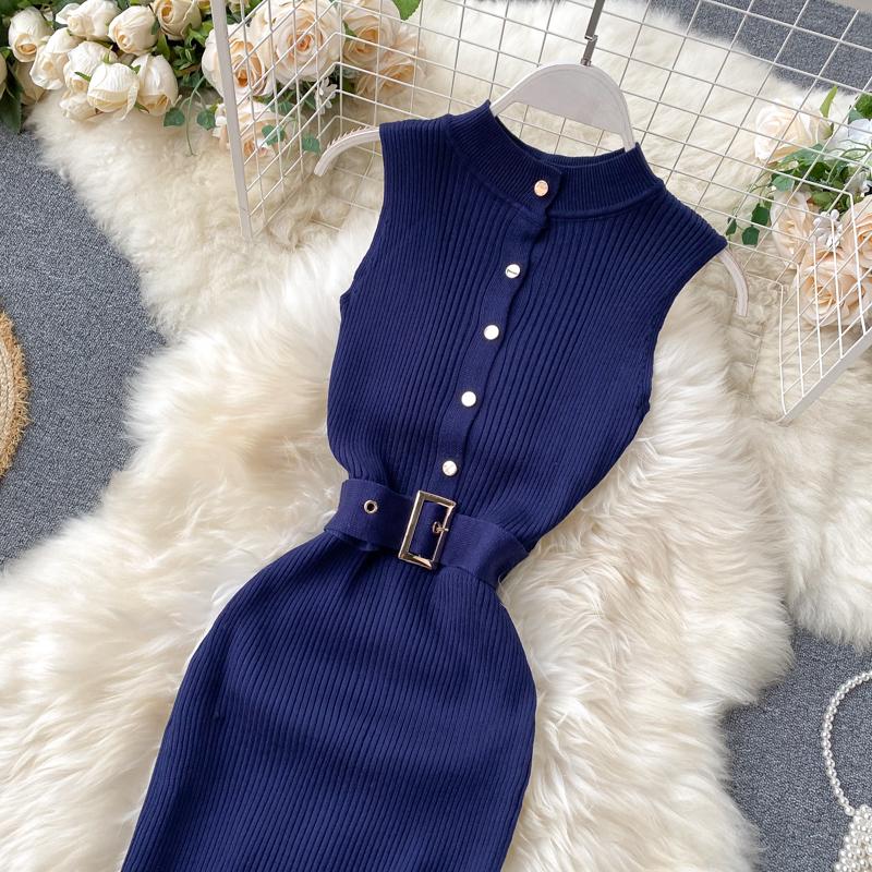 RUGOD European and American Dress Women's New Breasted Lace-up Waist and Hips Elastic Knitted Sleeveless Sexy Hip Dress