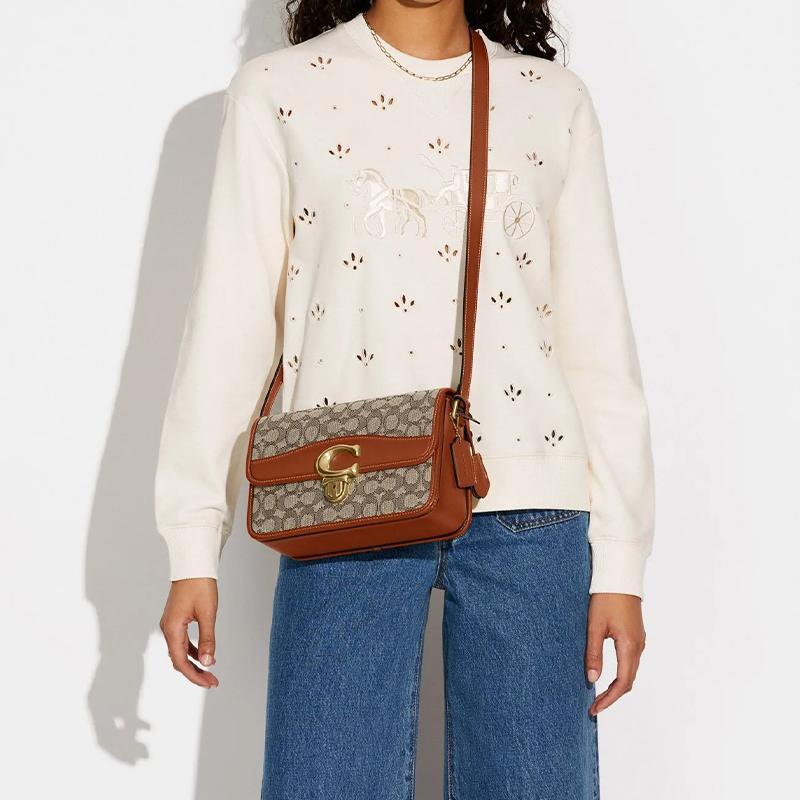New COACH Studio Cow Leather Patchwork With Fabric Messenger Bag Crossbody Bag Shoulder Bag Women's Gray & Brown CJ249-B4TA7
