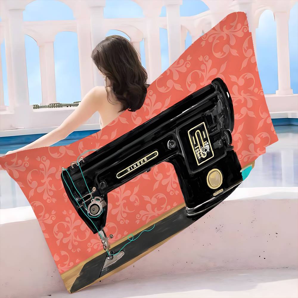

Vintage Sewing Machine Beach Towel Colorful Bath Towels for Girl Microfiber Quick Dry Sand Free Beach Yoga Spa Gym Pool W30*H60(CM)