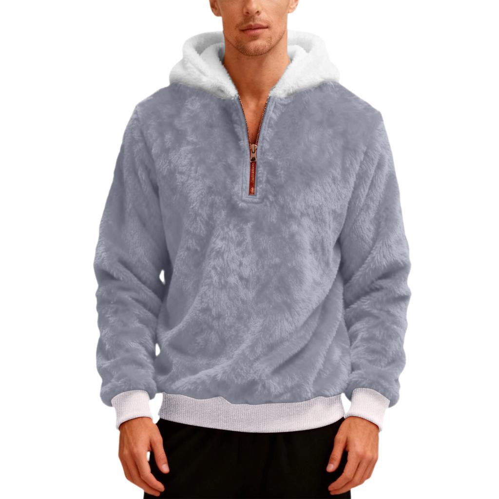 Pánská plyšová mikina s kapucí a polovičním zipem
