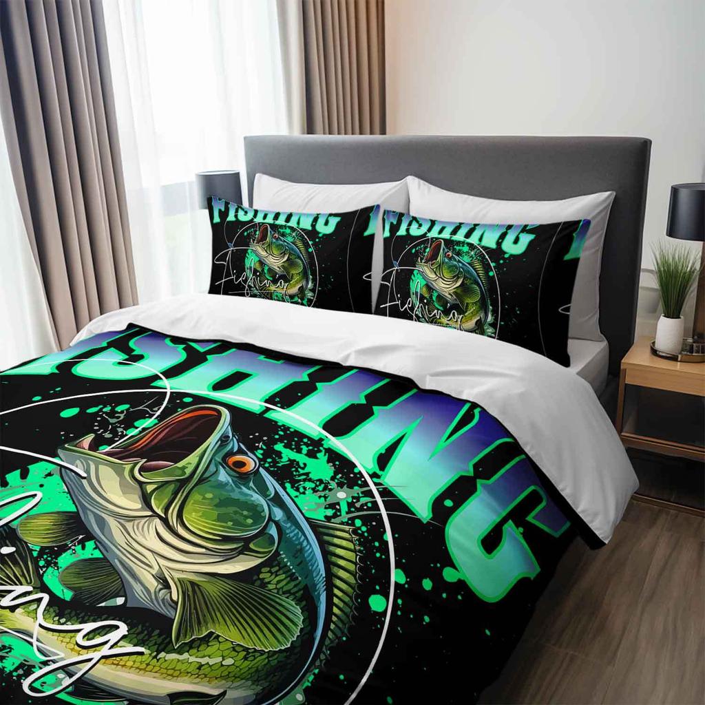 3pcs Cool Fishing Bedding Duvet Cover Set Bass Fish Bedding Quilt Set Fishing Themed Bed Quilt Set Sporty Bedroom Decor Bed