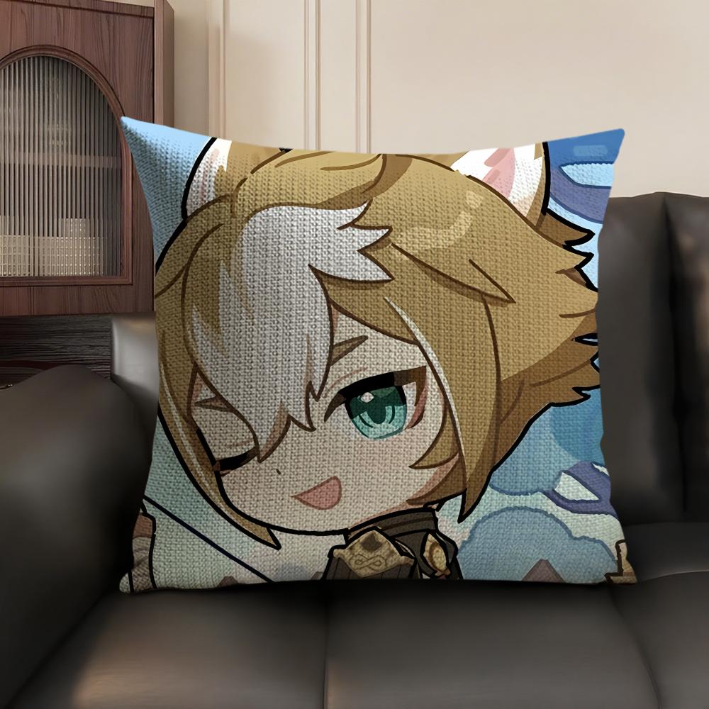 Gorou Cute Genshin Impact Cushion Cover Natural Linen Organic Fabric Double-Sided Printing Sofa Home Decor Gift Pillow Case