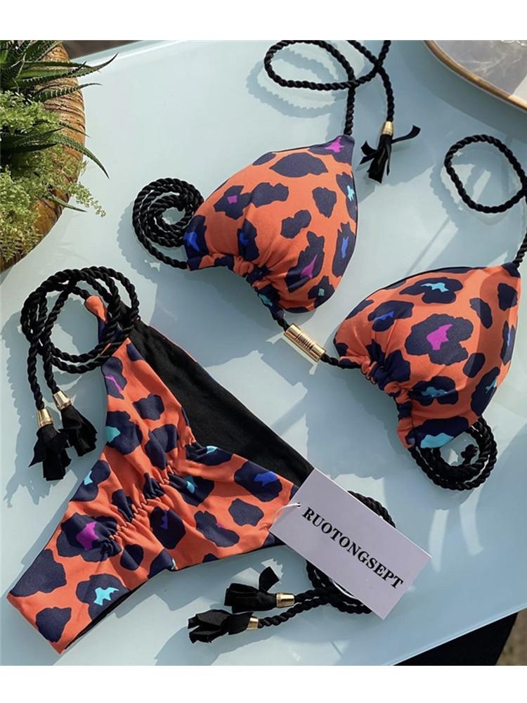 

New bikini soft bag low waist braided rope leopard print printed women s split swimsuit multi-color swimsuit S
