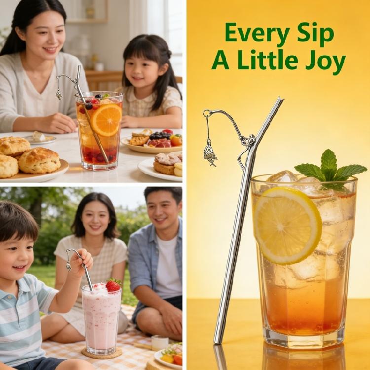 Decorative Fishing Design Charm Metal Straw Beverage Drinking For Restaurants Cafes And Home Kitchens Dishwasher Safe