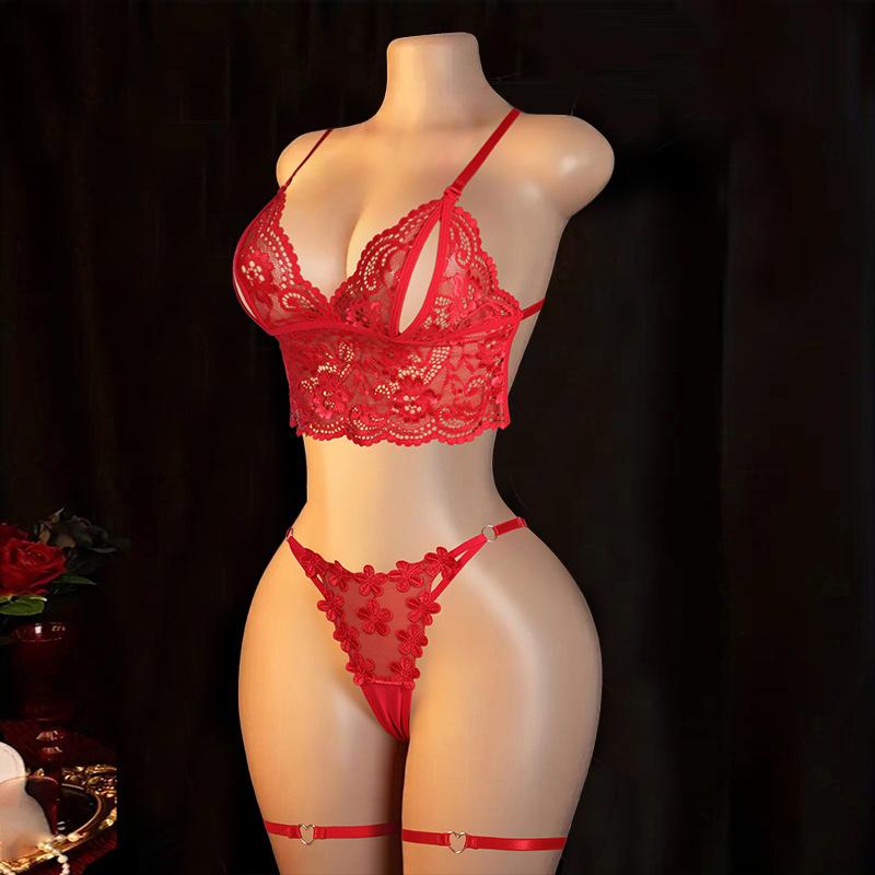 Sexy Women's Bra Panties Lace Set with Leg Rings Neck Rings Sex Underwear