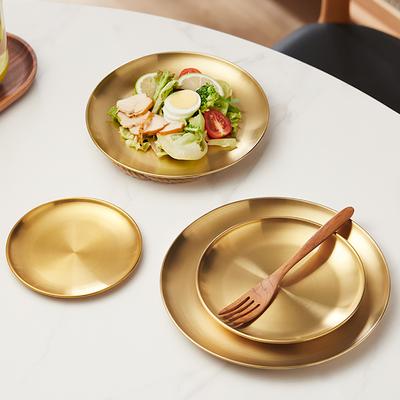 Gold Edelstahl Verdickte Speiseteller Rund Kaffee Tablett Dessert Kuchen Snack Obst Steak Gerichte Koreanisches Besteck Metallteller
