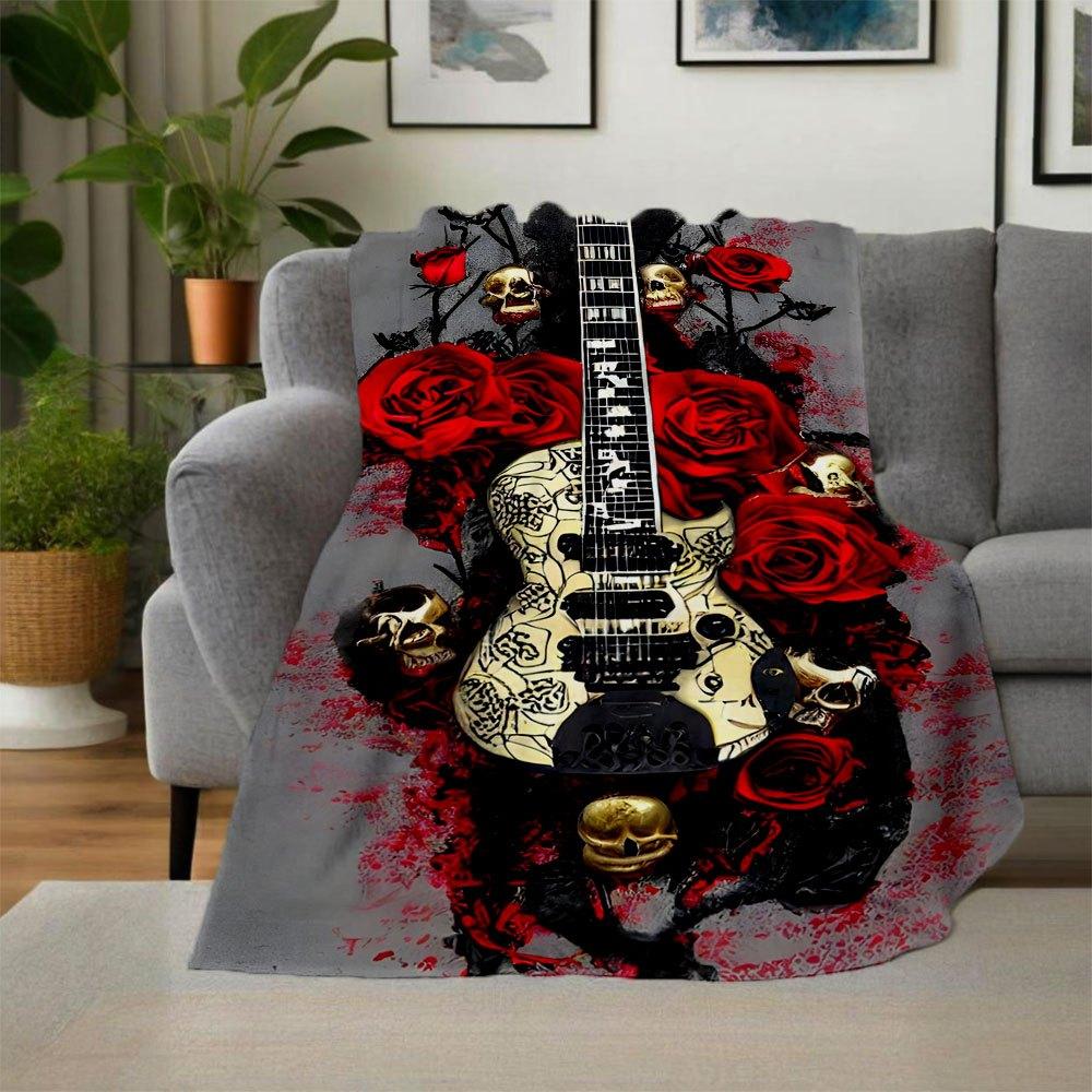 Gothic Skull Roses Electric Guitar Art Print PosterBlanket Flannel Throw Blanket for Sofa, Bed, Travel, Camping, Office