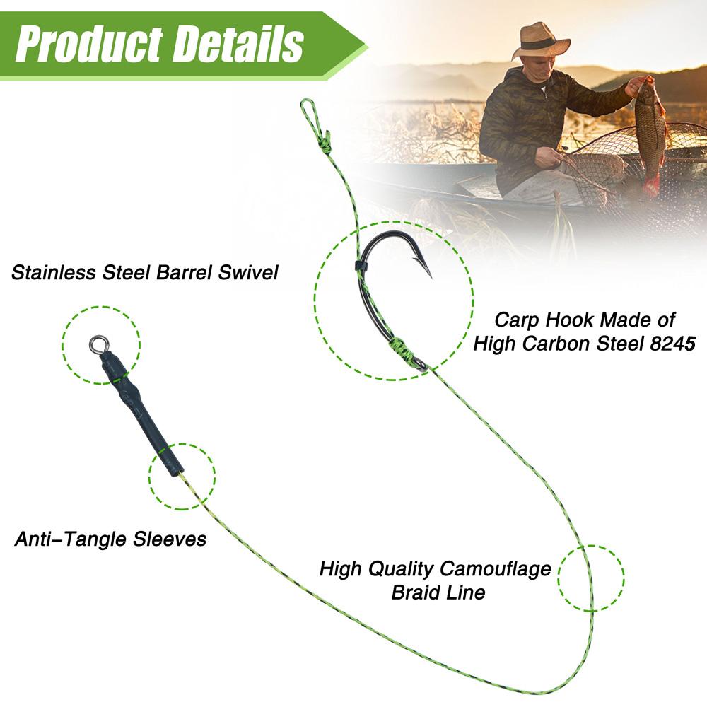 6Pcs Carp Fishing Hair Rigs With Curved Barbed Carp Hook Rolling Swivels and Braid Fishing Lines for Boilies Bait Stopper