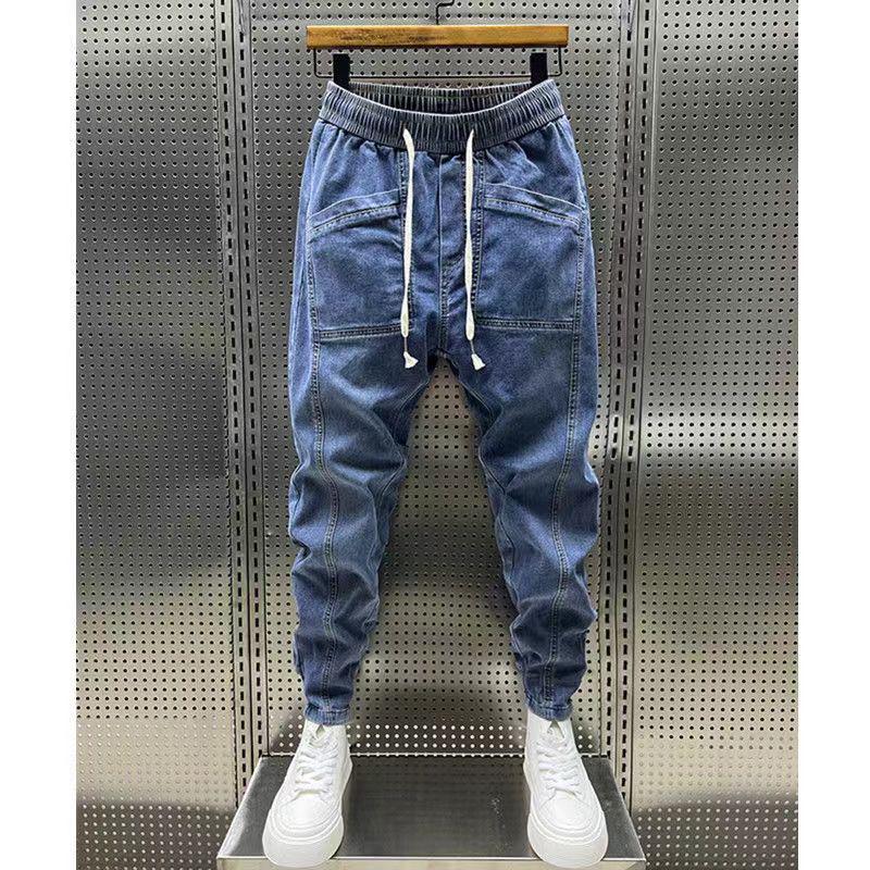 Men's Rogue Style Elastic Slim-Fit Nine-Point Jeans with Drawstring - Versatile for Spring and Autumn
