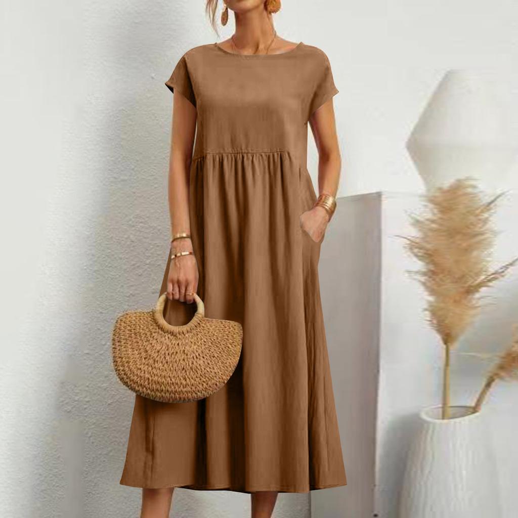 Abito da donna colorato a maniche corte, ampio, in cotone e lino, con tasche