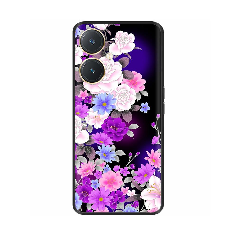 For Vivo Y27 Y27s Case Fashion Flowers Black Soft Coque Silicone Shockproof TPU Phone Cover Funda for Vivo Y27 Y 27 Bumper V2249