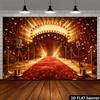 2D Flat Banner - Hollywood Red Carpet Party Background Fabric, featuring golden film cameras and microphones elements.zyc