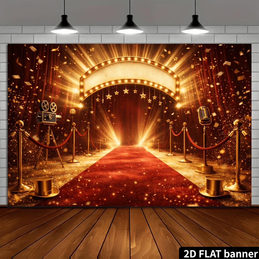 2D Flat Banner - Hollywood Red Carpet Party Background Fabric, featuring golden film cameras and microphones elements.zyc