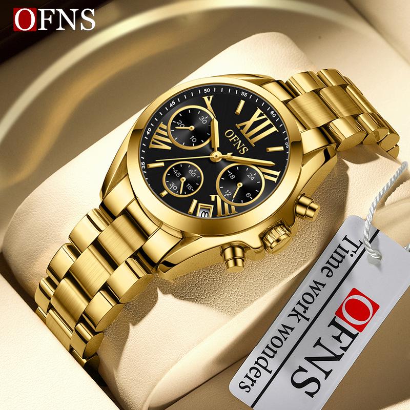 OufanniShi Men s Stylish Quartz Chronograph Wristwatch with Six Hands, Multifunctional Calendar, and Three-Eye Design.