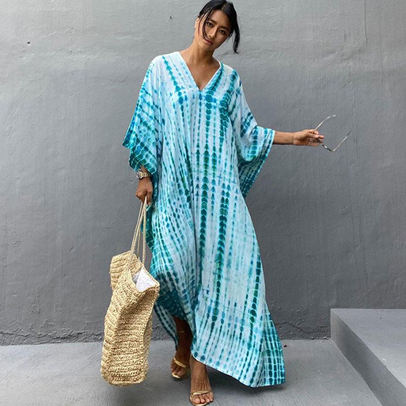 European & American Tie-dye Rayon Beach Dress: Loose, Long Seaside Vacation Robe & Bikini Cover-up with Sunscreen Shirt for Women