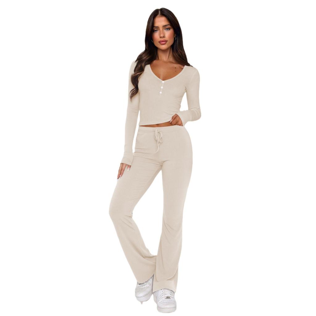 Autumn and Winter Women's Short Slim Button Long Sleeve Top Pants Set
