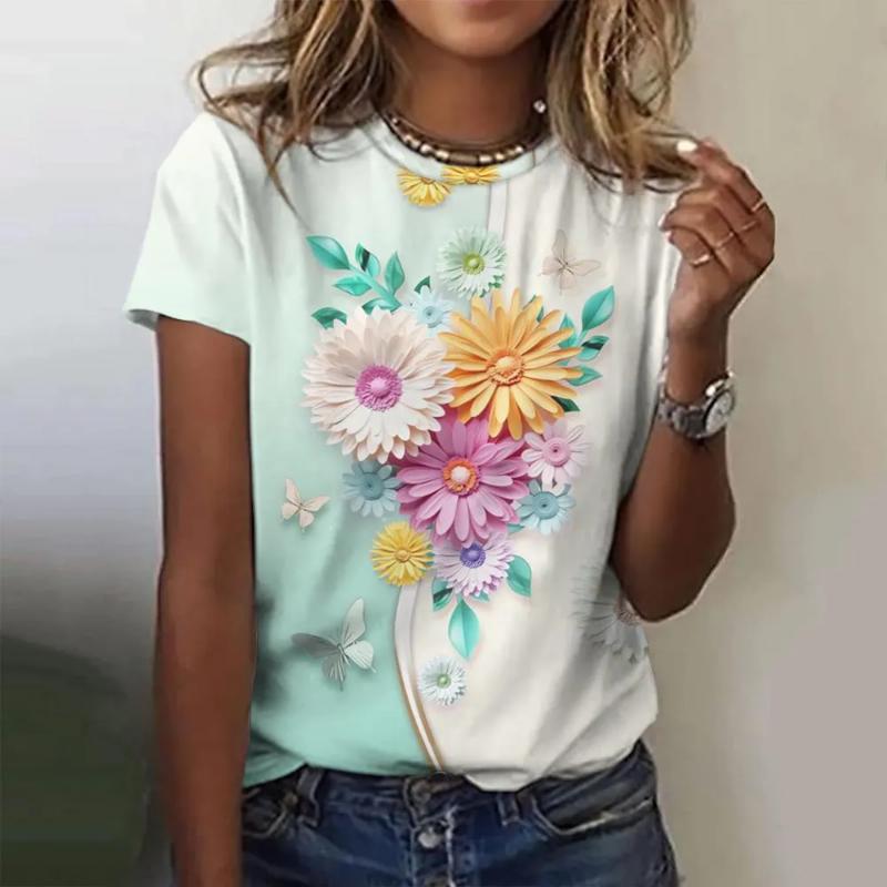 Fashion Women's Crew Neck T-Shirt 3D Flower Color Printing Crew Neck Short Sleeve