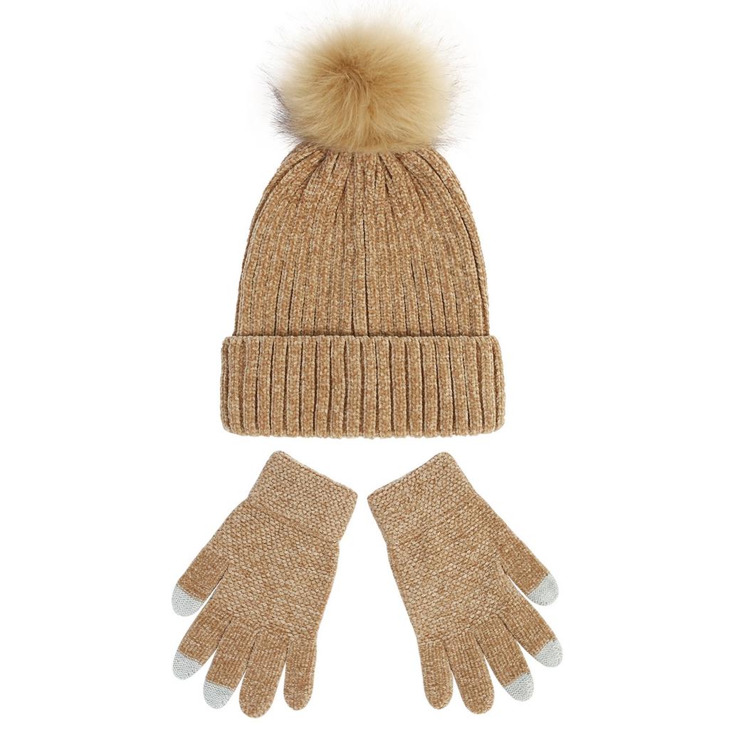 Knitted Hat, Women's Chenille Wool Hat, Glove Set, Thickened Warm Wool Ball Hat