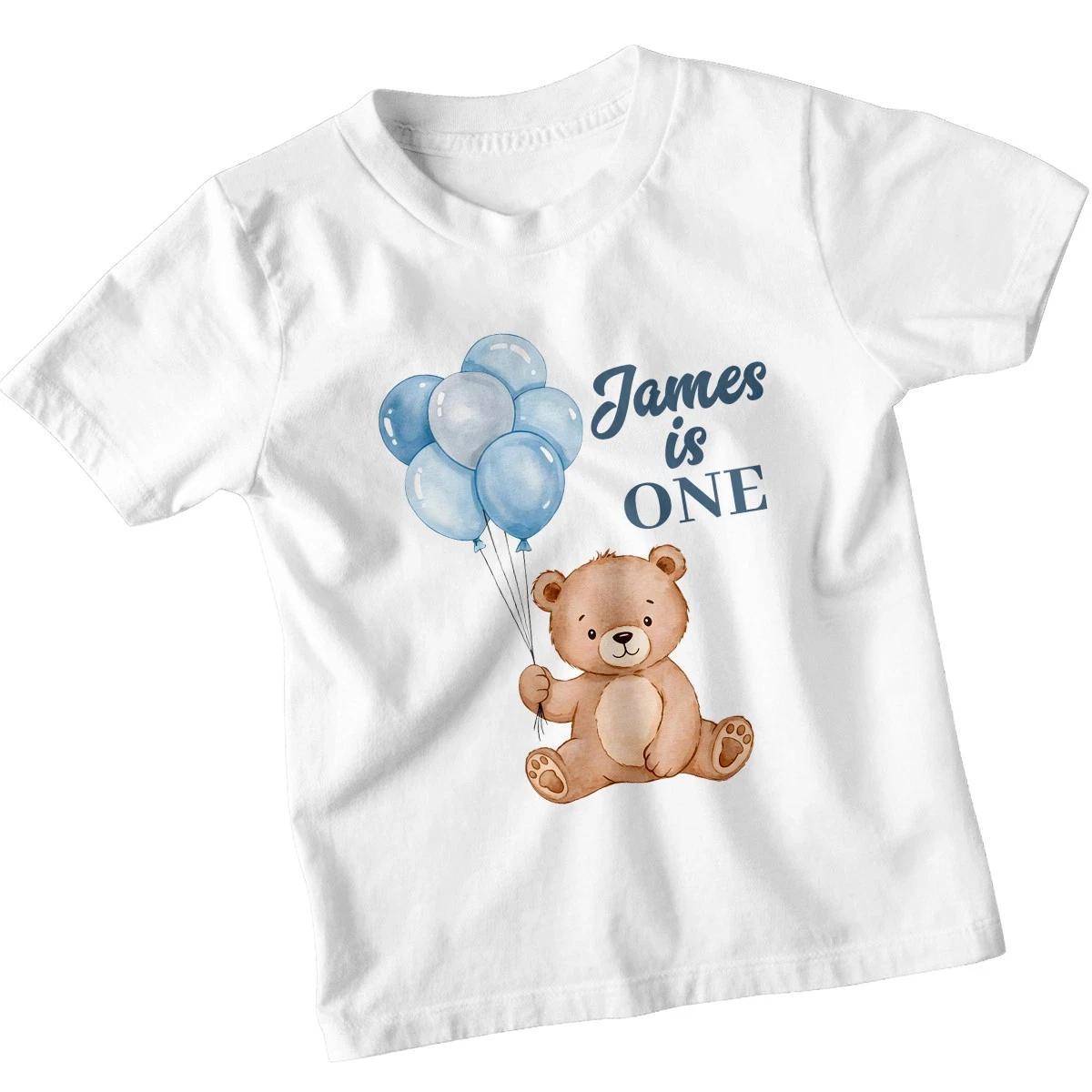 Personalised James One 1st Birthday Kids T-Shirt Custom Bear Balloons Boys Tee 110