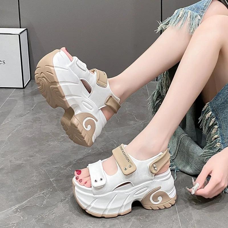 Fashion Women Leisure Chunky Platform Sandals Peep Toe High Heels New Gladiator Slippers Woman Trendy Summer Leather Beach Sandals 8.5CM