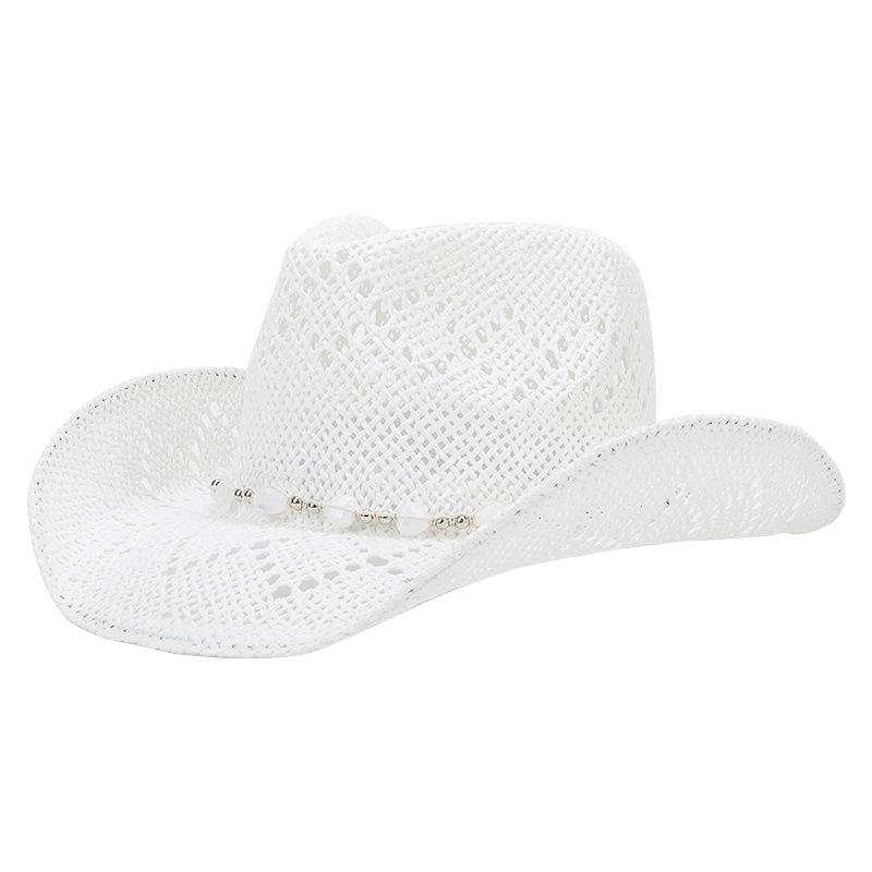 Women Cowboy Hat Unisex Hollow Out Summer Solid Color Curled Edge Strap Jazz Hat Decorative Vintage Braided Lafite Straw Hat
