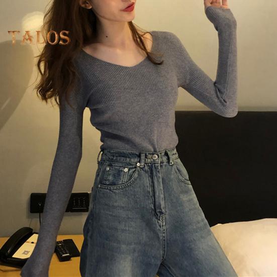 Moteriški viršūnės V formos iškirpte ilgomis rankovėmis Slim Fit megztinis megztinis Vienspalvis megztinis su rumbuota apačia Elastingas trikotažas