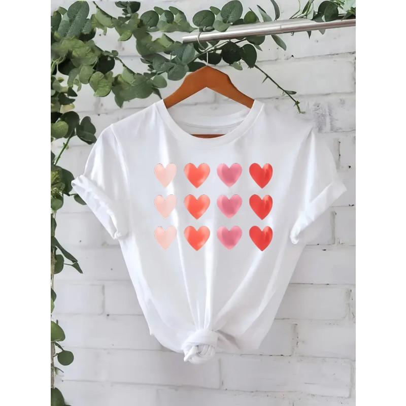 

European Size Women s Valentine s Day Heart Print Casual T-Shirt - Short Sleeve Love Top with Heart, Spring Summer Blouse for Gifts S белый
