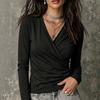 Fall New Style Cross V-neck Pleated Long-sleeved T-shirt Casual Top for Women