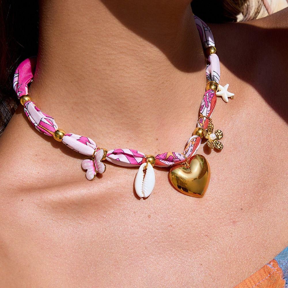 Titanium Steel Resort Style Necklace Multi-charm Ribbon Necklace Scarf Necklace  Holiday Style