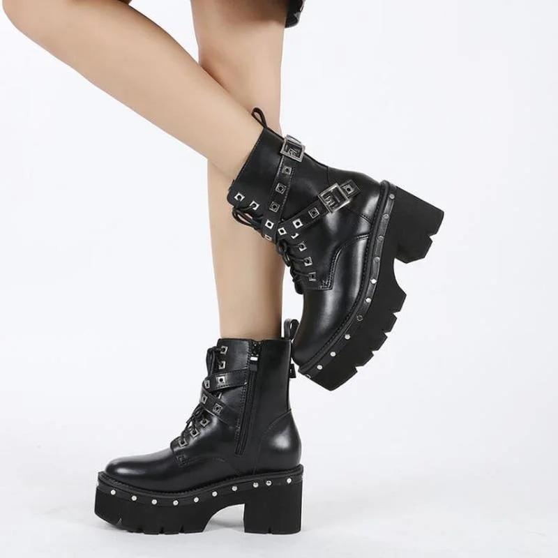 Fashion Punk Platform Women Ankle Boots Women's Motorcycle Boot Fashion Ladies Chunky heels Platform Shoes plus big size