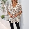 VEZFAA Women's Fashion Casual Summer Spring Leopard Print Short Sleeve V-Neck Blouses & Shirts