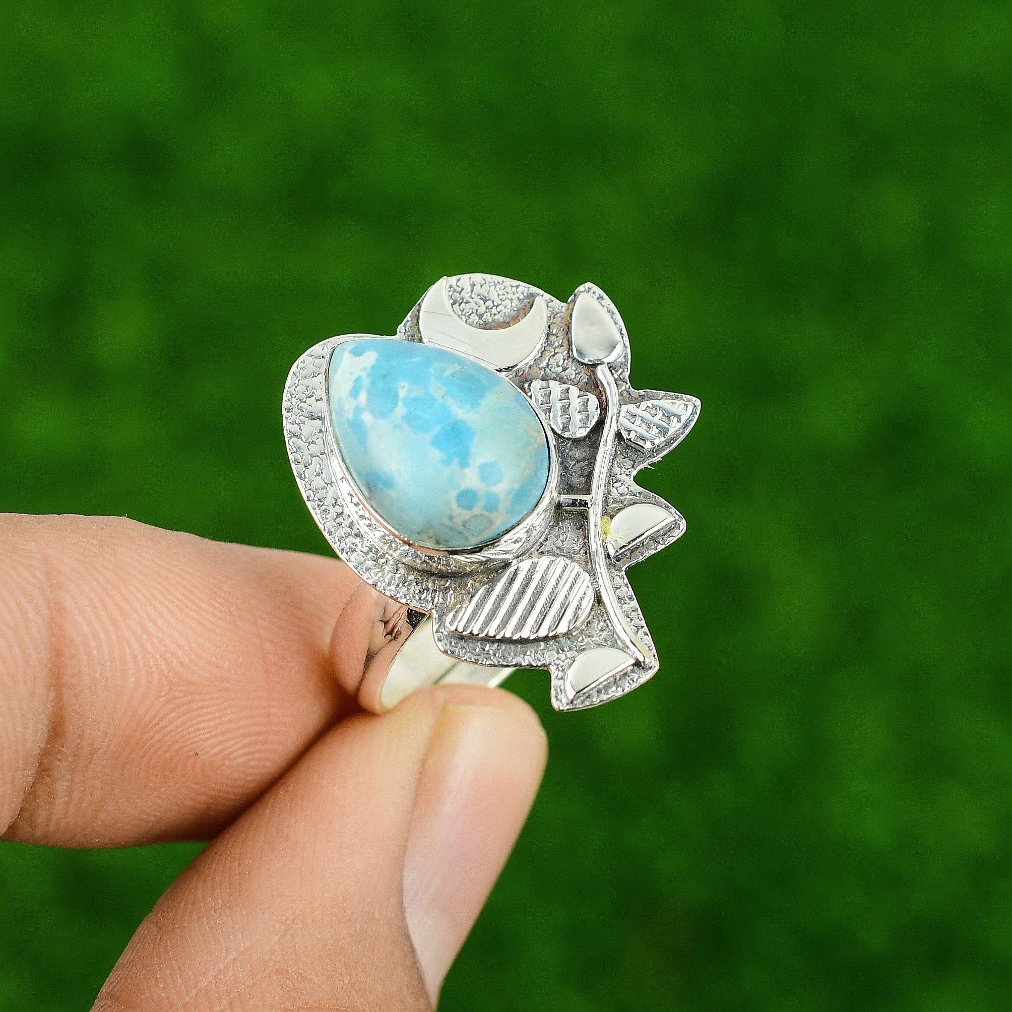 

Sterling Silver Arizona Turquoise Gemstone Handmade Cescent Moon Ring Jewelry Adjustable