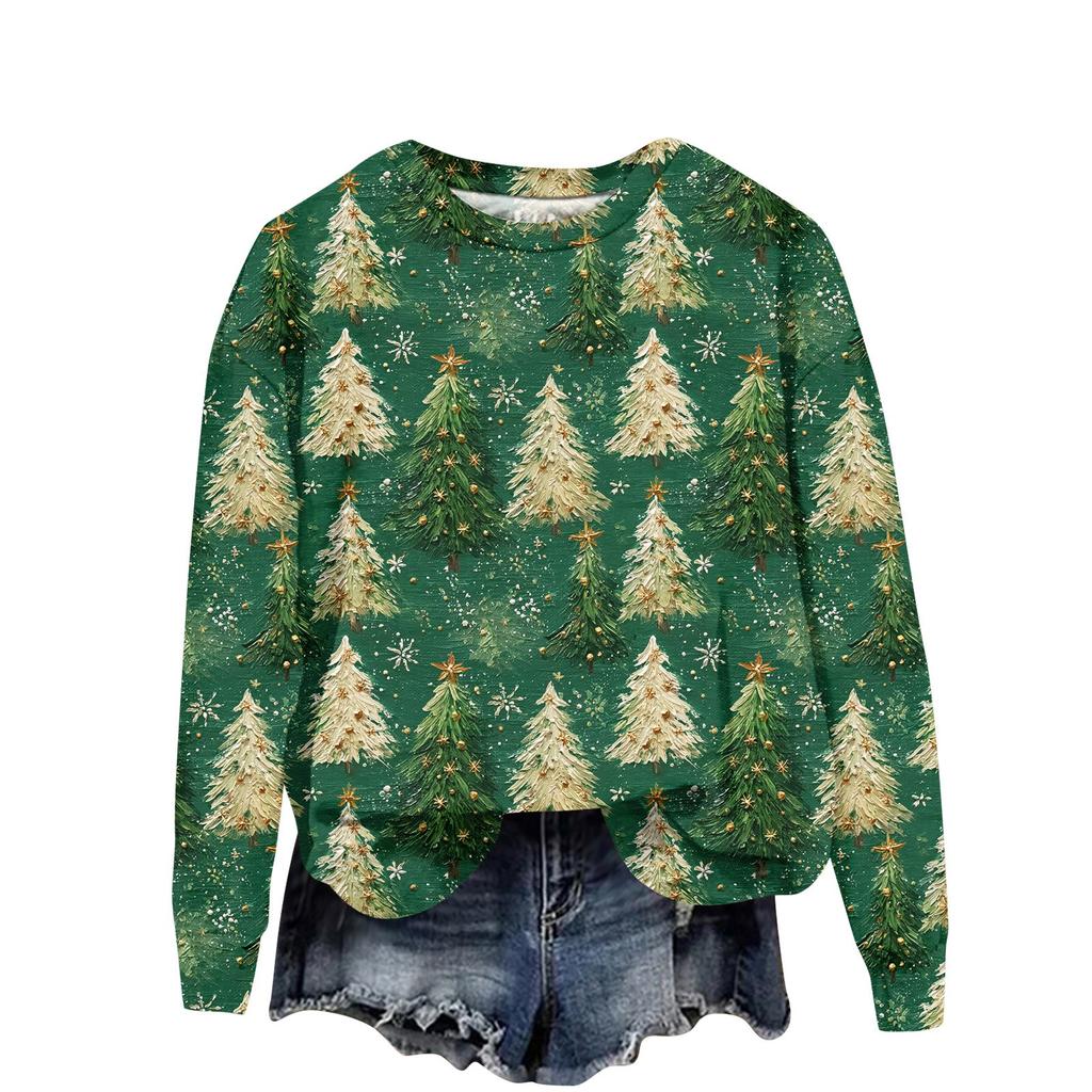Women's Fashion Christmas Printed Long Sleeve Loose Round Neck Sweatshirt Top