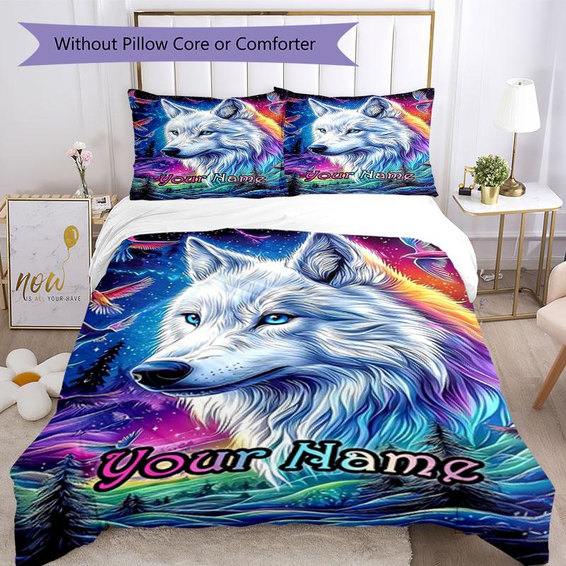 3pcs Custom Name Wolf Dreams Colors Bedding Set Printed Bedding Set Duvet Cover Closure Includes 1 Duvet Cover & 2 Pillowcases Bedroom Decor