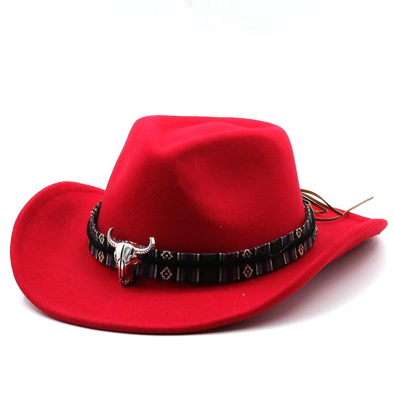 Black Soft Felt Waterproof Sweatband Traditional Wide Brim Men and Women Western Outback Cowboy Hat With Bull Head Fedora Cap