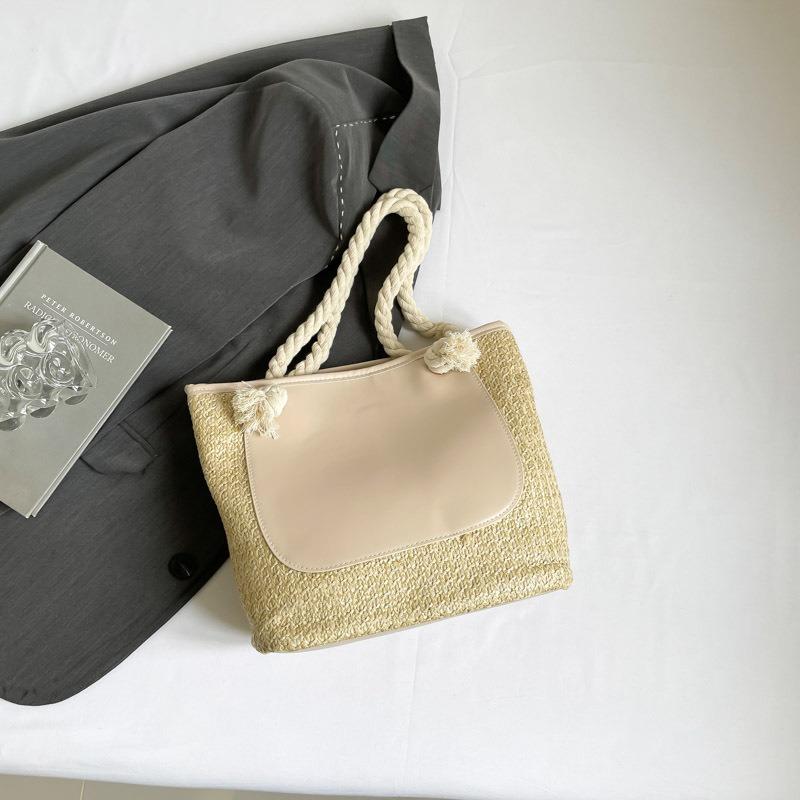 Straw Large Capacity Fashion Splicing Tote Bag Summer Commuter Shoulder Underarm Bag Tote Bag