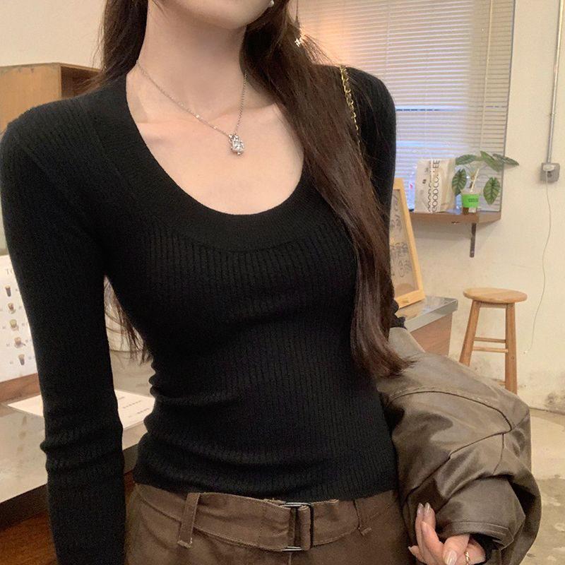 Korean Style U-Neck Ribbed Innerwear Slim-Fit Long/Short Sleeve Women's T-Shirt for Spring/Summer