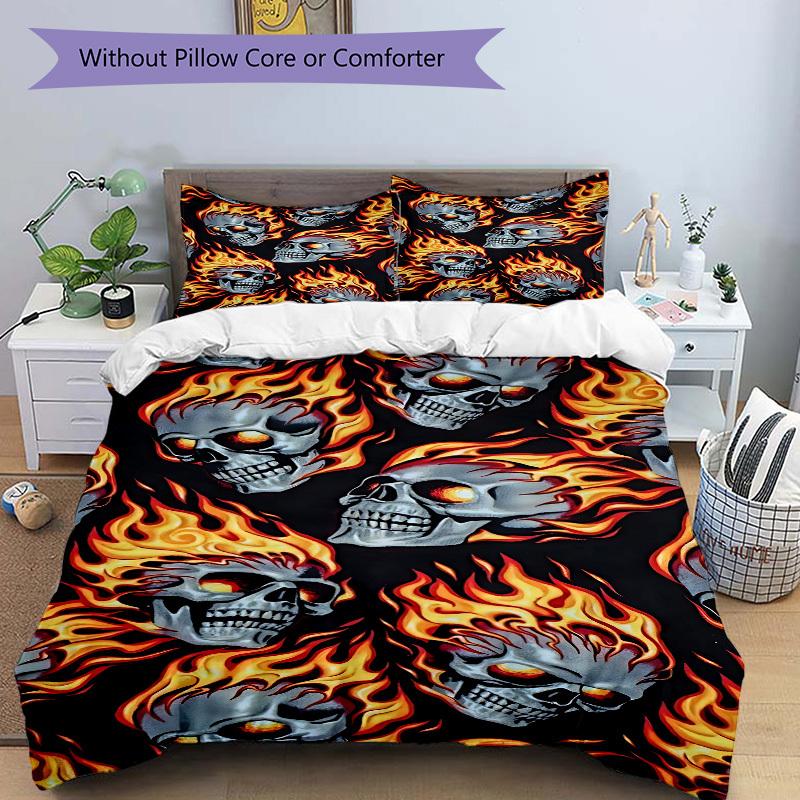 3pcs Bedding Set Flaming Skulls Includes 1 Comforter + 2 Pillowcases, Without Pillow Inserts, Soft Comfortable, Lightweight Breathable136