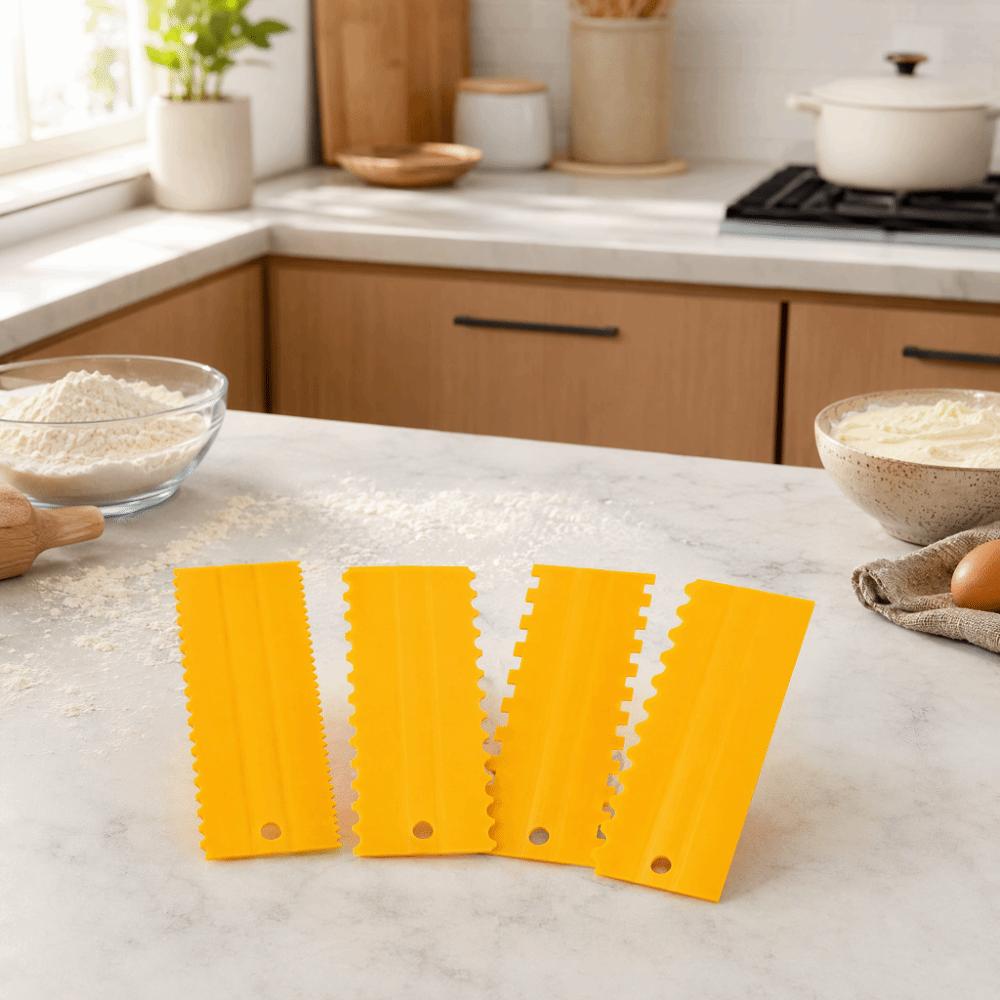 4Pcs PP Cake Scraper Set 8 Inch Sawtooth Edge Cake Decorating Comb Multi-Style Pattern Hanging Hook Design Mousse Cake Tool