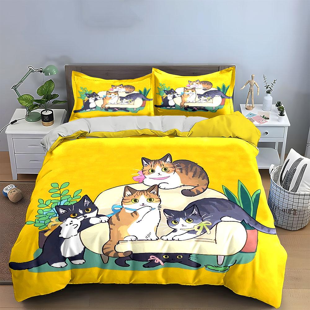 Playful Cats on Yellow Background Bedding Duvet Cover Set Duvet Cover Pillowcases  (1*Duvet Cover 2*Pillowcases, without duvet insert)